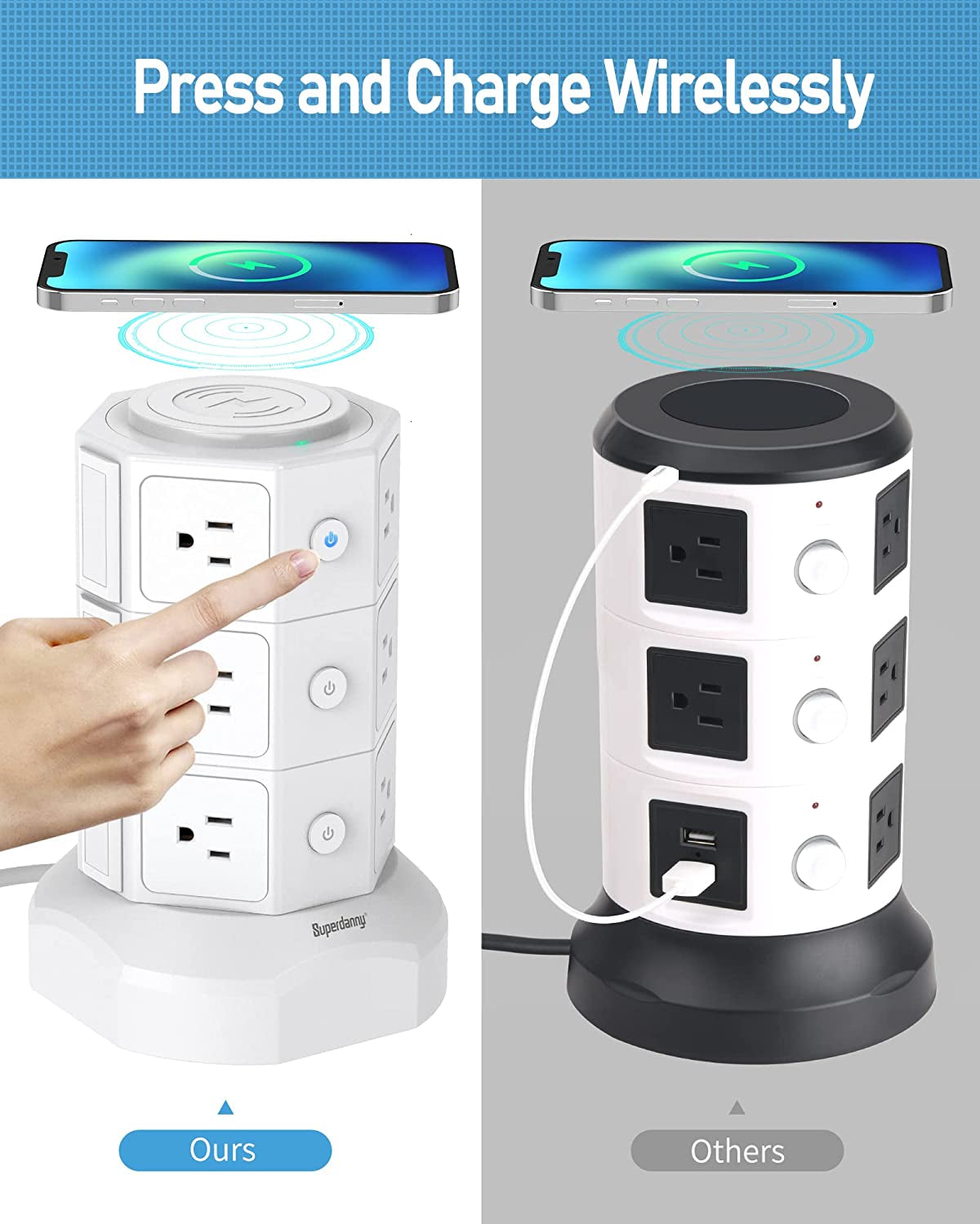 Ultimate Power Strip Tower: 15W Magnetic Wireless Charger with 12 AC Outlets, 6 USB Ports & 6.5Ft Extension Cord - Sleek White Design for Home and Office