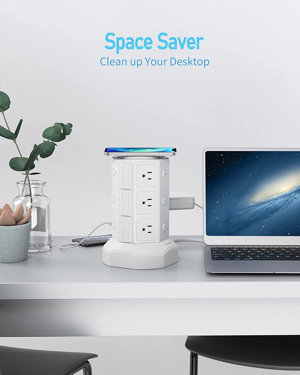 Ultimate Power Strip Tower: 15W Magnetic Wireless Charger with 12 AC Outlets, 6 USB Ports & 6.5Ft Extension Cord - Sleek White Design for Home and Office