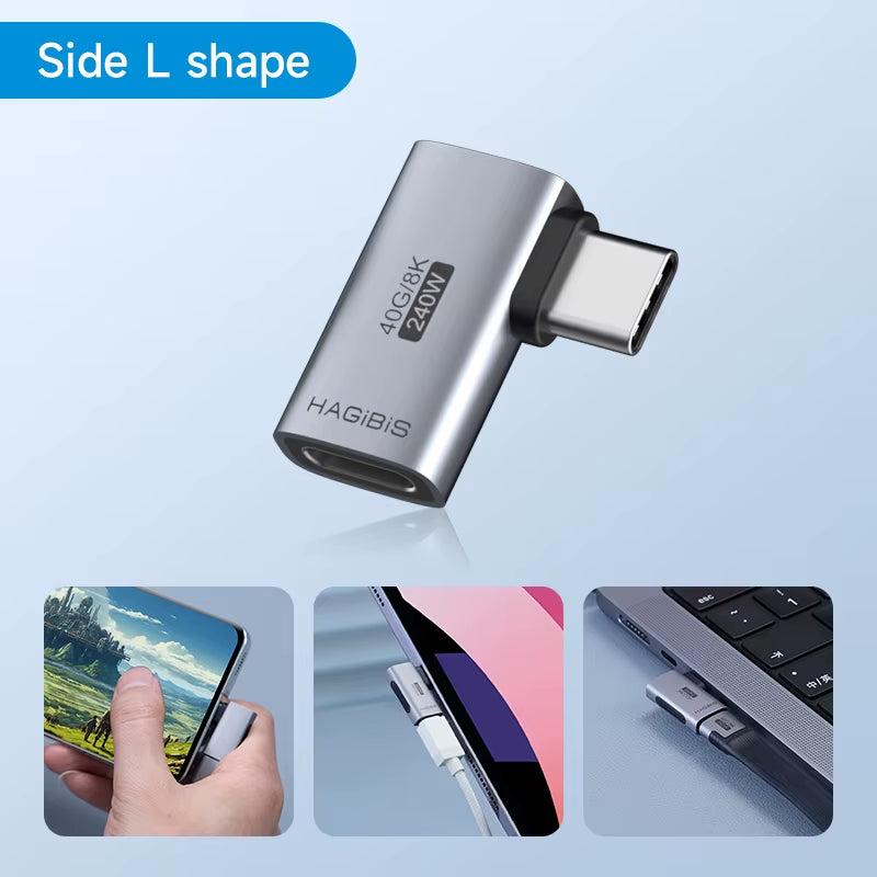 Experience Lightning Fast 240W USB C to C 90-Degree Adapter - 40Gbps 8K 60Hz Converter for Thunderbolt 4/3, Perfect for MacBook, iPhone 17 Pro, and Tablets!