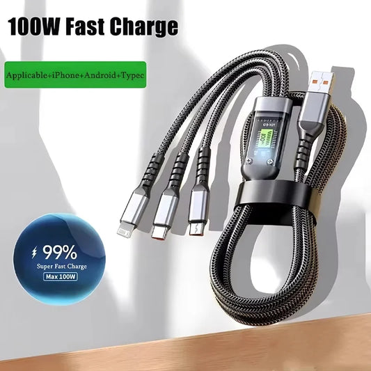 Ultimate 3-in-1 100W Super Fast Charging Cable for All Devices - Lightning, Type-C, and Micro USB Compatible!