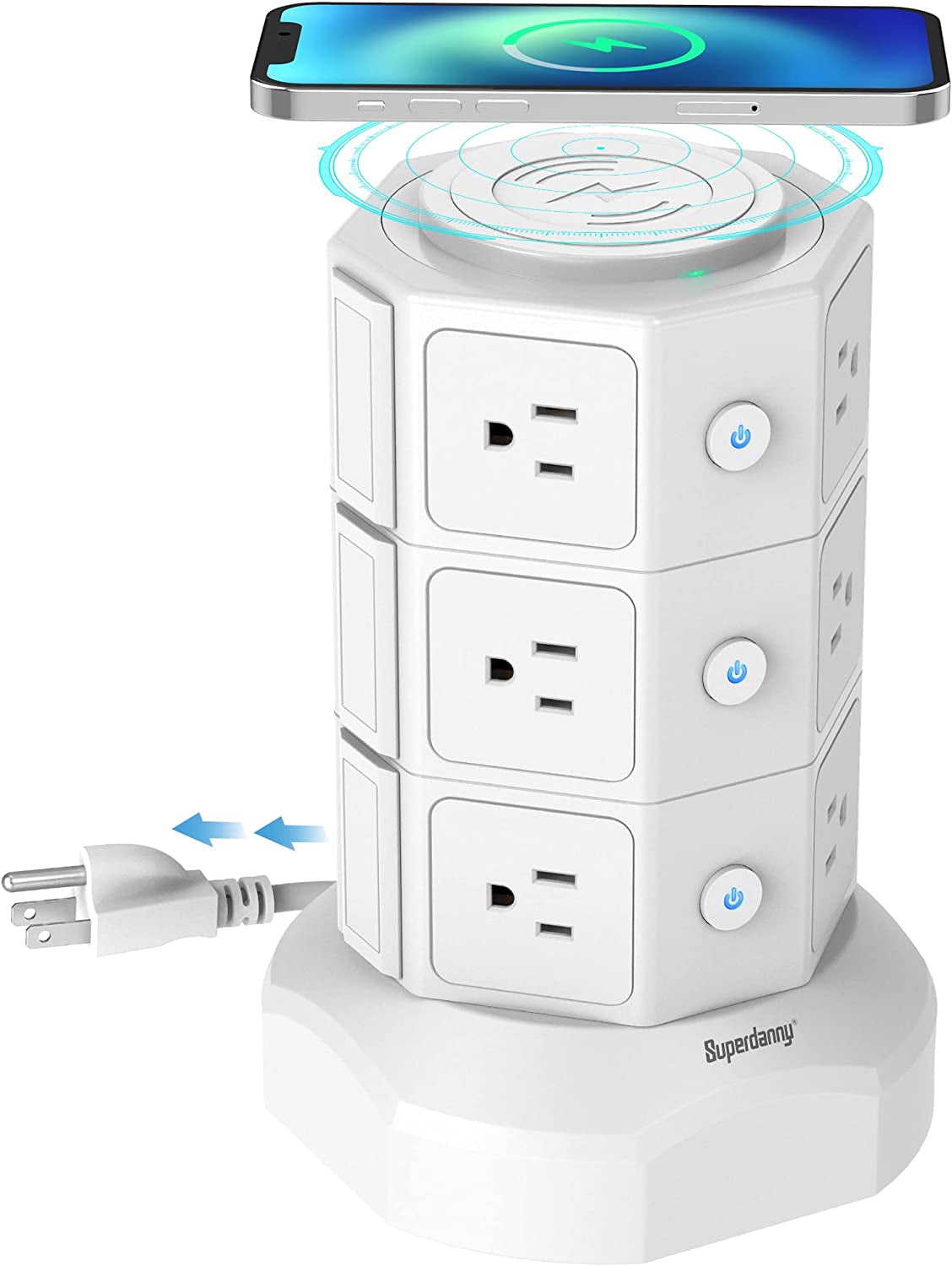 Ultimate Power Strip Tower: 15W Magnetic Wireless Charger with 12 AC Outlets, 6 USB Ports & 6.5Ft Extension Cord - Sleek White Design for Home and Office