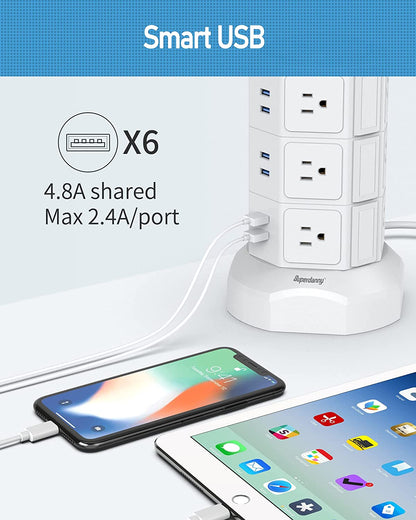 Ultimate Power Strip Tower: 15W Magnetic Wireless Charger with 12 AC Outlets, 6 USB Ports & 6.5Ft Extension Cord - Sleek White Design for Home and Office