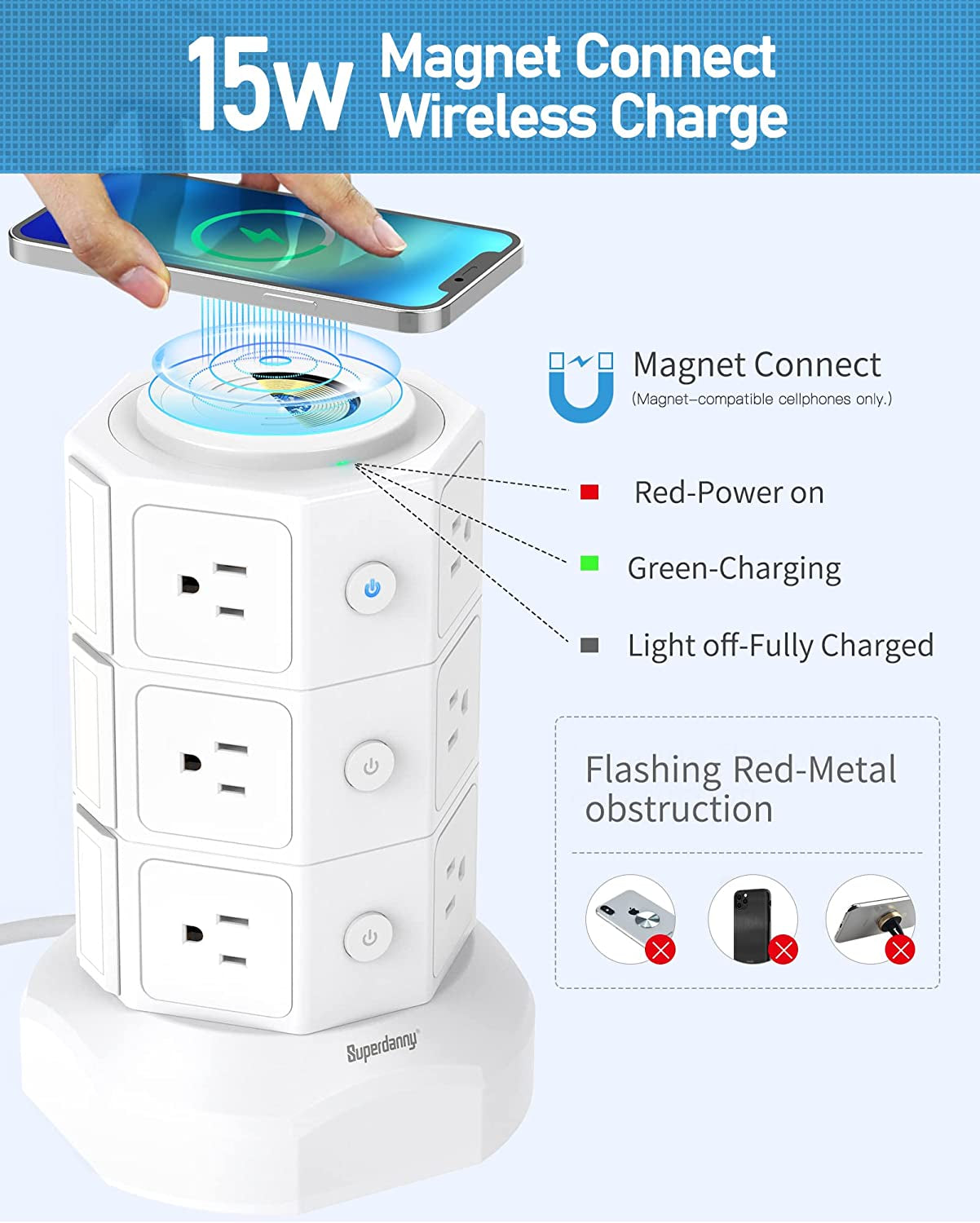 Ultimate Power Strip Tower: 15W Magnetic Wireless Charger with 12 AC Outlets, 6 USB Ports & 6.5Ft Extension Cord - Sleek White Design for Home and Office