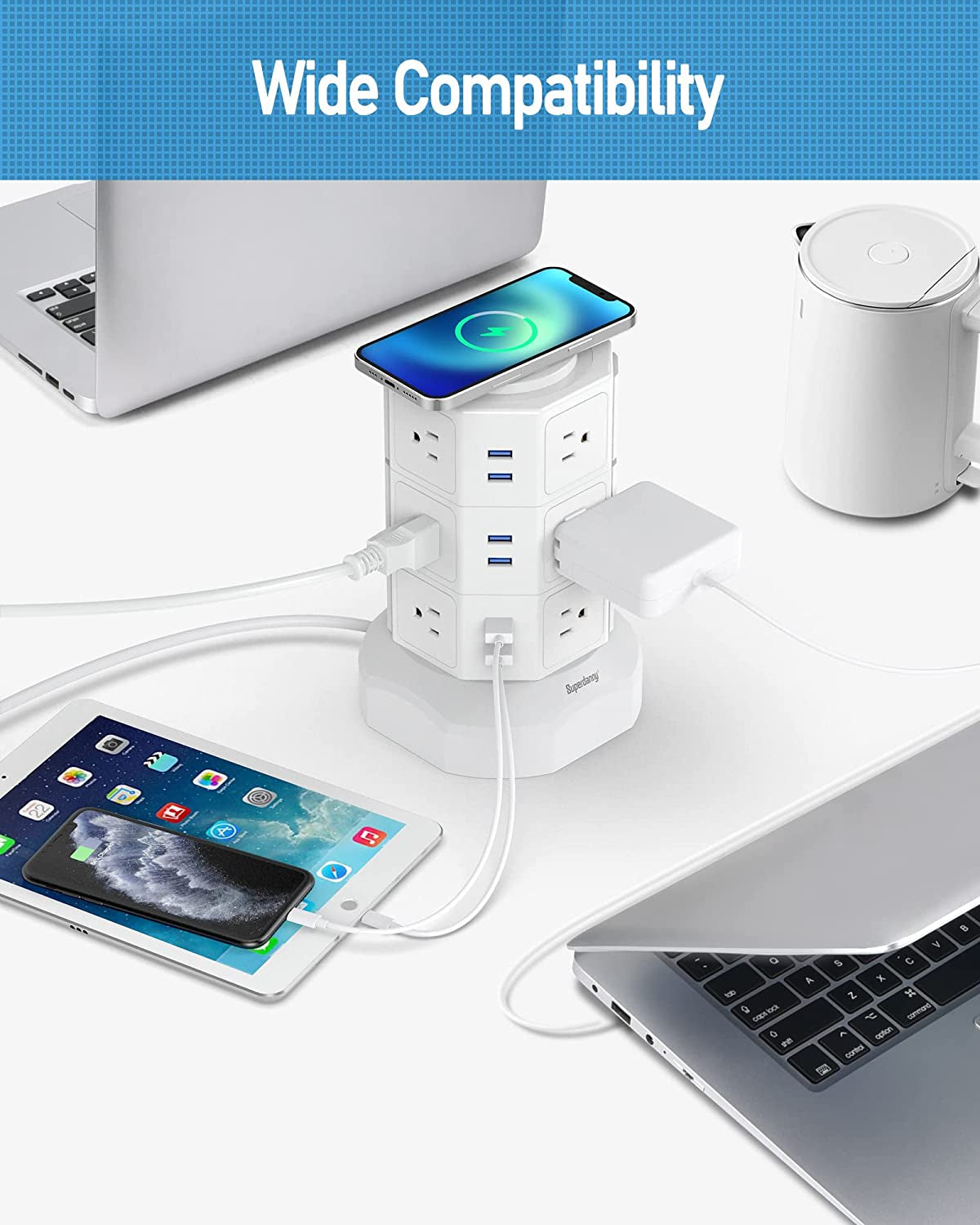 Ultimate Power Strip Tower: 15W Magnetic Wireless Charger with 12 AC Outlets, 6 USB Ports & 6.5Ft Extension Cord - Sleek White Design for Home and Office