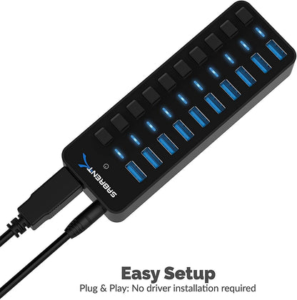 Elevate Your Setup with the 10-Port 60W USB 3.0 Hub - Fast Charging, Individual Power Switches & LEDs Included!