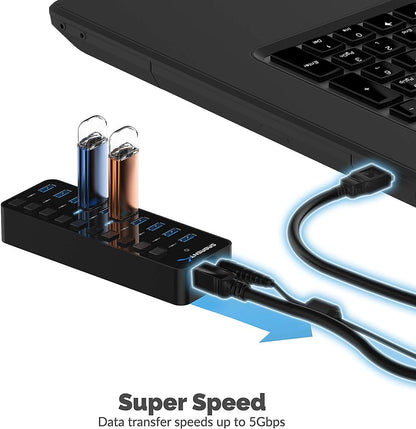 Elevate Your Setup with the 10-Port 60W USB 3.0 Hub - Fast Charging, Individual Power Switches & LEDs Included!